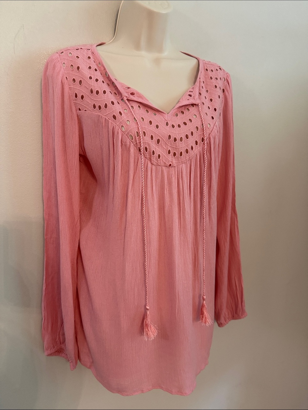 Women's Pink Eyelet Peasant Blouse with Tassel Ties